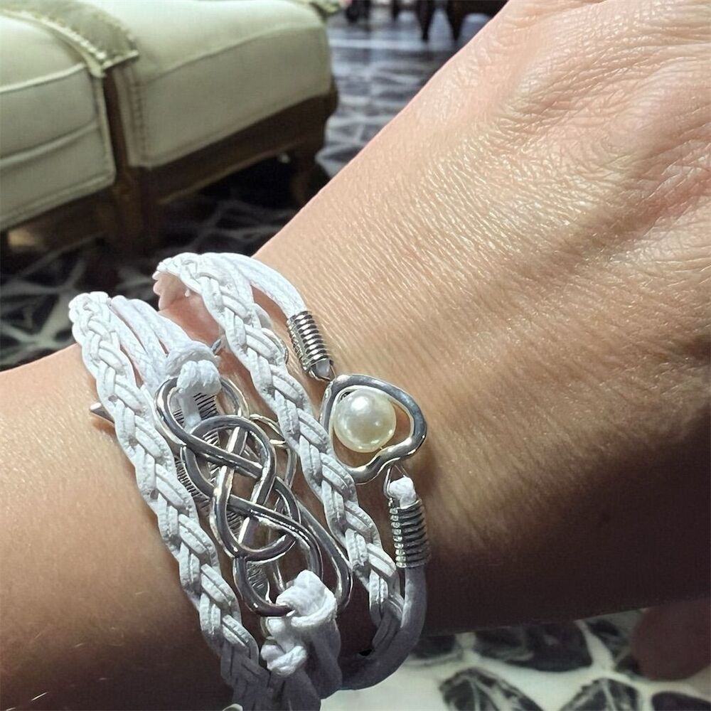 French-Themed Faux Leather Bracelet w/ Silver Charms & Pearl - White Adj… - Picture 4 of 8